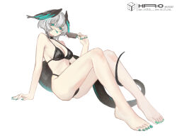 Rule 34 | 1girl, :p, aqua eyes, aqua nails, arknights, breasts, choker, feathered wings, food, full body, grey hair, hair between eyes, head wings, highres, ho&#039;olheyak (arknights), ice cream, kuromonou, long tail, looking at viewer, nail polish, simple background, snake tail, solo, swimsuit, tail, tongue, tongue out, wings