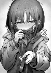 Rule 34 | 1girl, absurdres, animal collar, blue archive, blush, collar, fingernails, gag, greyscale, halo, highres, hood, hood down, hoodie, jacket, long sleeves, looking at viewer, mask, misaki (blue archive), monochrome, mouth mask, open clothes, open jacket, short hair, solo, spoken expression, surgical mask, uko magi, upper body