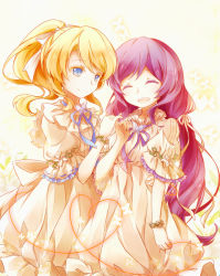 Rule 34 | 10s, 2girls, ^ ^, ayase eli, blonde hair, blue eyes, bug, butterfly, closed eyes, dress, closed eyes, hacko, hair ribbon, heart, heart of string, bug, love live!, love live! school idol project, multiple girls, open mouth, ponytail, purple hair, ribbon, smile, string, string of fate, tojo nozomi, white dress, yuri