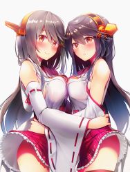 Rule 34 | 2girls, bare shoulders, black hair, blush, breast press, breasts, brown eyes, commentary request, detached sleeves, dual persona, hair ornament, hairclip, haruna (kancolle), headgear, highres, kantai collection, long hair, looking at viewer, medium breasts, multiple girls, parted lips, red skirt, remodel (kantai collection), ribbon-trimmed skirt, ribbon-trimmed sleeves, ribbon trim, simple background, skirt, smile, swept bangs, symmetrical docking, tsukui kachou, white background