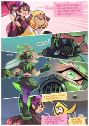 Rule 34 | + +, 3girls, alternate eye color, ankle boots, black collar, black footwear, black gloves, black hair, black kimono, black shirt, black skirt, blonde hair, boots, brown eyes, callie (splatoon), closed mouth, collar, comic, cousins, e-liter 4k (splatoon), emphasis lines, english text, fangs, food, food on head, frown, gas mask, gloves, glowing, glowing eyes, gomipomi, gradient hair, green eyes, green hair, green outline, hair ornament, hero shot (splatoon 2), highres, holding, holding umbrella, holding weapon, inkling, inkling girl, inkling player character, jacket, japanese clothes, kimono, leaning forward, long hair, long sleeves, marie (splatoon), mask, medium hair, midriff, miniskirt, mole, motion lines, multicolored hair, multiple girls, nintendo, object on head, oil-paper umbrella, open mouth, outline, outside border, pantyhose, pointy ears, purple hair, purple legwear, shirt, short hair, short sleeves, skirt, spiked belt, spiked collar, spikes, splatoon (series), splatoon 2, squid, squidbeak splatoon, standing, sushi, sweatdrop, tentacle hair, umbrella, weapon, wide sleeves, yellow jacket