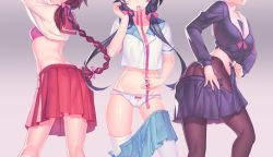 Rule 34 | 3girls, ass, black hair, black skirt, black socks, blue skirt, bow, bow panties, bra, braid, brown hair, cameltoe, contrapposto, fiodo, hair ribbon, head out of frame, highres, kneehighs, kneepits, long hair, low twintails, luo tianyi, mouth hold, multiple girls, navel, open clothes, open shirt, panties, panties under pantyhose, pantyhose, pantylines, pink ribbon, pleated skirt, purple bra, red skirt, ribbon, ribbon in mouth, school uniform, serafuku, shirt, short hair, single braid, skirt, socks, standing, thighhighs, twintails, underwear, undressing, very long hair, vocaloid, vocanese, white hair, white legwear, yanhe, yuezheng ling
