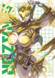 Rule 34 | 1girl, airazor, android, beast wars, breasts, colored skin, ema (emaura), feathered wings, feathers, green eyes, grey skin, helmet, humanoid robot, large breasts, robot, robot girl, solo, transformers, wings