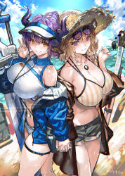 Rule 34 | 2girls, animal ear fluff, arknights, bare shoulders, blonde hair, blue jacket, blush, breasts, cleavage, closed mouth, commentary request, fang, hand up, hat, highres, horns, jacket, jewelry, large breasts, long sleeves, looking at viewer, multiple girls, necklace, off shoulder, official alternate costume, outdoors, purple eyes, purple hair, ran&#039;ou (tamago no kimi), short shorts, shorts, sideroca (arknights), sideroca (light breeze) (arknights), skin fang, smile, straw hat, thigh strap, thighs, utage (arknights), utage (summer flowers) (arknights), v, yellow eyes