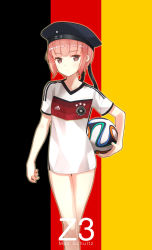 Rule 34 | 10s, 1girl, 2014 fifa world cup, adidas, alternate costume, ball, bare legs, beret, blush, brown eyes, brown hair, character name, clothes writing, eight tohyama, flat chest, german flag, germany, hat, highres, kantai collection, looking at viewer, red eyes, red hair, sailor hat, short hair, soccer, soccer ball, soccer uniform, solo, sportswear, world cup, z3 max schultz (kancolle)