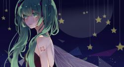 Rule 34 | 1girl, aqua eyes, aqua hair, crying, crying with eyes open, ffan, gradient background, hatsune miku, highres, insect wings, long hair, looking at viewer, sleeveless, solo, strapless, tattoo, tears, twintails, vocaloid, wings
