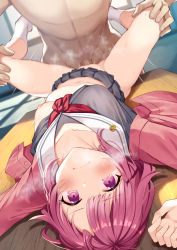 Rule 34 | 1boy, 1girl, blush, breasts, clothed female nude male, collarbone, crying, crying with eyes open, heavy breathing, hetero, highres, leg grab, lying, navel, nipples, nude, on back, one breast out, ootori emu, open clothes, penis, pink eyes, pink hair, project sekai, rape, school uniform, sex, short hair, spread legs, table, tears, uncensored, upside-down, vaginal, valueless0000