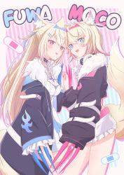 Rule 34 | 2girls, :3, :d, absurdres, animal ear fluff, animal ears, bandaid, belt collar, black collar, black jacket, blonde hair, blue eyes, blue hair, blue nails, blush, breasts, chamomile (kazumasa), character name, cleavage, collar, cropped jacket, cropped shirt, dog ears, dog girl, dog tail, dress, fake claws, fur-trimmed jacket, fur trim, fuwawa abyssgard, fuwawa abyssgard (1st costume), hair ornament, hairpin, headphones, headphones around neck, highres, holding hands, hololive, hololive english, jacket, large breasts, long hair, looking at viewer, medium hair, mococo abyssgard, mococo abyssgard (1st costume), multicolored hair, multiple girls, nail polish, open mouth, pink eyes, pink hair, pink nails, shirt, short shorts, shorts, siblings, sisters, small breasts, smile, spiked collar, spikes, streaked hair, tail, twins, virtual youtuber, white dress, white shirt, white shorts, x hair ornament