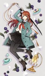 Rule 34 | 1girl, black ribbon, black skirt, blue coat, blueberry, boots, brown footwear, brown hair, buzz (moi), cake, coat, cup, earrings, food, fruit, full body, green eyes, grey background, hair ribbon, hand in pocket, high heel boots, high heels, holding, holding sword, holding weapon, jewelry, katana, lamp, long hair, long sleeves, looking at viewer, neckerchief, open clothes, open coat, open mouth, original, pantyhose, plate, pleated skirt, pom pom (clothes), pom pom earrings, red neckerchief, ribbon, school uniform, serafuku, simple background, skirt, solo, sugar cube, sword, teacup, touran-sai, turtleneck, weapon