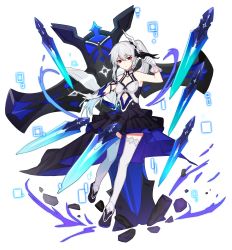 Rule 34 | 1girl, 3o c, :o, armpits, asymmetrical gloves, bare shoulders, black footwear, blue dress, breasts, cleavage, cross (weapon), dress, floating, floating object, floating weapon, full body, gloves, hair ornament, highres, honkai (series), honkai impact 3rd, looking at viewer, mismatched gloves, red eyes, simple background, sleeveless, sleeveless dress, small breasts, sword, theresa apocalypse, theresa apocalypse (twilight paladin), thighhighs, v-shaped eyebrows, weapon, white background, white gloves, white hair, white thighhighs