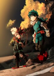 Rule 34 | 2boys, arms at sides, bakugou katsuki, bare shoulders, belt, belt pouch, black cloud, black clouds, black footwear, black mask, black pants, black tank top, blonde hair, blurry, blurry background, blurry foreground, bodysuit, boku no hero academia, boots, buckle, chromatic aberration, clenched hands, closed mouth, cloud, cloudy sky, colored shoe soles, combat boots, commentary request, covered navel, cross-laced footwear, depth of field, detached sleeves, dirty, dirty clothes, dirty face, dutch angle, eye mask, film grain, freckles, from side, full body, gloves, green bodysuit, green eyes, green hair, hands in pockets, headgear, highres, knee boots, knee pads, light, looking ahead, male focus, maneki-neko (fujifuji), mask, mask around neck, midoriya izuku, multiple boys, outdoors, pants, partial commentary, pouch, profile, red belt, rock, scratches, shadow, short hair, sidelighting, sideways mouth, sky, sleeveless, snap-fit buckle, spiked hair, sunlight, tank top, toned, toned male, utility belt, v-neck, walking, white gloves, wrist guards, x, yellow clouds