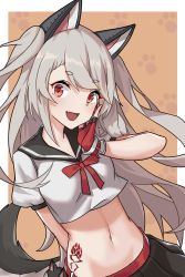 Rule 34 | 1girl, absurdres, animal ears, azur lane, commentary request, duan zhu, fang, fingerless gloves, gloves, grey hair, hand on own face, highres, long hair, looking at viewer, midriff, navel, open mouth, pleated skirt, red eyes, school uniform, serafuku, skirt, smile, solo, tail, tattoo, two side up, yuudachi (azur lane)
