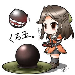 Rule 34 | 10s, 1girl, abyssal ship, black legwear, brown eyes, brown hair, commentary request, elbow gloves, enemy aircraft (kancolle), eyebrows, gloves, jintsuu (kancolle), kantai collection, long hair, school uniform, serafuku, shinomoto akira, shoes, simple background, sweatdrop, teeth, translation request, white background