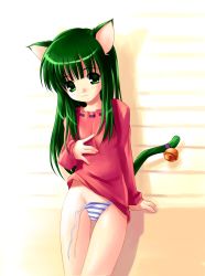 Rule 34 | 1girl, akamaru, animal ears, arm support, bell, blue panties, blush, bottomless, cat ears, cat tail, clothes lift, flat chest, green eyes, green hair, highres, long hair, long sleeves, matching hair/eyes, no pants, panties, shirt, shirt lift, side-tie panties, solo, standing, striped clothes, striped panties, tail, thigh gap, thighs, underwear, untied
