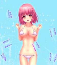 Rule 34 | 1girl, absurdres, bikini, blush, breasts, bug, butterfly, female focus, highres, bug, large breasts, looking at viewer, navel, open mouth, pink hair, red eyes, saigyouji yuyuko, short hair, shounen (hogehoge), side-tie bikini bottom, simple background, solo, swimsuit, touhou