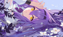 Rule 34 | 1girl, absurdres, ai dongdong, black hairband, closed mouth, flower, hair between eyes, hairband, highres, honkai (series), honkai impact 3rd, long hair, long sleeves, looking at viewer, looking to the side, partially submerged, purple hair, shirt, sirin, solo, water, white shirt, yellow eyes