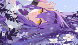 1girl absurdres ai_dongdong black_hairband closed_mouth flower hair_between_eyes hairband highres honkai_(series) honkai_impact_3rd long_hair long_sleeves looking_at_viewer looking_to_the_side partially_submerged purple_hair shirt sirin sirin_(magic_academy_uniform) sirin_(miracle_magical_girl) solo water white_shirt yellow_eyes