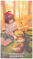 Rule 34 | 1girl, beanie, border, brown hair, closed eyes, commentary request, creatures (company), day, eevee, game freak, gen 1 pokemon, grass, green shorts, hat, highres, machaos, nintendo, open mouth, outdoors, pikachu, pokemon, pokemon (creature), pokemon sm, poking, red headwear, selene (pokemon), shirt, short sleeves, shorts, sitting, tied shirt, tree, white border