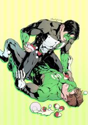 Rule 34 | 2boys, artist name, bara, black bodysuit, black hair, blush, bodysuit, boots, bowl, brown hair, chocolate, covered abs, cream, dc comics, domino mask, evinist, fingerless gloves, food, fruit, gloves, green bodysuit, green gloves, green lantern, green lantern (series), hal jordan, highres, holding, holding bowl, jewelry, kyle rayner, large pectorals, lying, male focus, marshmallow, mask, multiple boys, muscular, muscular male, on back, pectorals, ring, short hair, sitting, sitting on person, strawberry, thick thighs, thighs, two-tone bodysuit, white bodysuit, white chocolate, white gloves, yaoi