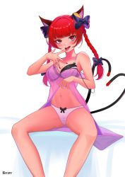 Rule 34 | 1girl, animal ear fluff, animal ears, blunt bangs, braid, cat ears, cat tail, clothes lift, commission, feet out of frame, hair intakes, highres, kaenbyou rin, licking, licking finger, long hair, midriff peek, multiple tails, nekomata, recare, red eyes, red hair, see-through, simple background, sitting, solo, tail, touhou, twin braids, twintails, two tails, underwear, underwear only, white background
