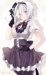 Rule 34 | 10s, 1girl, alternate costume, black gloves, black pantyhose, black skirt, blue eyes, breasts, buttons, cowboy shot, flying sweatdrops, gloves, hair ornament, hairband, hamakaze (kancolle), hand on own hip, kantai collection, large breasts, looking at viewer, pantyhose, puffy short sleeves, puffy sleeves, shijima (sjmr02), short sleeves, silver hair, skirt, solo