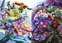Rule 34 | 5boys, 6+girls, ;d, armor, arrow (projectile), belt, blonde hair, blue fire, blue hair, bow (weapon), braid, brown hair, confrontation, covered navel, dress, dual wielding, evil smile, fantasy, fire, flaming sword, flaming weapon, full armor, glasses, glowing, glowing eyes, glowing sword, glowing weapon, green dress, gun, handgun, hat, helmet, highres, holding, holding gun, holding sword, holding weapon, knight, lance, marker (medium), multiple boys, multiple girls, navel, nib pen (medium), one eye closed, open mouth, original, parted lips, pistol, polearm, purple eyes, red eyes, scarf, short hair, skin tight, skirt, smile, standing, sword, traditional media, twin braids, vest, wand, wavy mouth, weapon, wedo, witch, witch hat