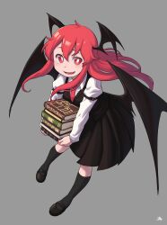 Rule 34 | 1girl, :d, absurdres, bat wings, bbyong403, book, book stack, bright pupils, eyebrows hidden by hair, fang, floating hair, from above, full body, grey background, hair between eyes, head wings, highres, holding, holding book, kneehighs, koakuma, light blush, long hair, long sleeves, looking at viewer, nail polish, necktie, open mouth, red eyes, red hair, red nails, red necktie, shirt, shoes, simple background, skirt, smile, socks, solo, touhou, very long hair, vest, white pupils, wings