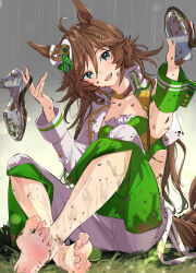 Rule 34 | 1girl, ahoge, animal ears, bandeau, barefoot, blue eyes, breasts, brown hair, choker, commentary request, crop top, cropped jacket, crossed legs, dirty, dirty clothes, dirty face, dirty feet, dirty hands, feet, full body, grass, green bandeau, green shirt, grey sky, hair between eyes, hair ornament, hairclip, hands up, hat, head tilt, high heels, holding, holding shoes, horse ears, horse girl, horse tail, indian style, jacket, long hair, looking at viewer, mini hat, mini top hat, misu kasumi, mr. c.b. (umamusume), mud, on grass, on ground, open clothes, open jacket, open mouth, outdoors, pants, rain, shirt, shoes, single sleeve, single wrist cuff, sitting, sky, small breasts, smile, soles, solo, tail, toes, top hat, umamusume, white hat, white jacket, white pants, wrist cuffs