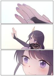 Rule 34 | 1girl, 3koma, absurdres, arm up, blush, bridal gauntlets, closed mouth, comic, commentary request, genshin impact, hair ornament, highres, jewelry, looking at hand, mole, mole under eye, multiple rings, nail polish, pic postcard, purple eyes, purple hair, purple nails, raiden shogun, ring, smile, solo