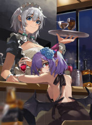 Rule 34 | 2girls, absurdres, alcohol, alternate costume, backless dress, backless outfit, bar (place), bare back, bartender, black dress, black ribbon, black wings, blue eyes, blue flower, blue rose, blurry, blurry foreground, bow, braid, breasts, cleavage, closed mouth, commentary request, cup, demon wings, depth of field, dress, drinking glass, feipin zhanshi, flower, glint, green bow, hair between eyes, hair bow, hair flower, hair ornament, highres, holding, holding tray, indoors, izayoi sakuya, large breasts, leaning forward, looking at viewer, looking back, maid headdress, medium breasts, multiple girls, pointy ears, purple hair, red eyes, remilia scarlet, ribbon, rose, short hair, short sleeves, sideboob, silver hair, sitting, smile, touhou, tray, twin braids, wine, wine glass, wings, wrist cuffs