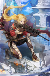 Rule 34 | 1girl, ai arctic warfare, blonde hair, bolt action, breasts, bullet, cleavage, clothing cutout, company name, cross-laced clothes, cross-laced cutout, gloves, gun, gyakushuu no fantasica, highres, hip vent, long hair, natsuiro xx, official art, one eye closed, open mouth, purple eyes, rifle, side ponytail, sky, sniper rifle, solo, weapon