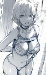 Rule 34 | 1girl, arms behind back, bra, breasts, cleavage, commentary, english commentary, hair between eyes, hair ribbon, hews, highres, large breasts, leash, looking at viewer, lycoris recoil, monochrome, navel, nishikigi chisato, open mouth, panties, ribbon, short hair, sketch, solo, thighhighs, underwear