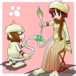 Rule 34 | 1990s (style), 1girl, :p, brown hair, creatures (company), game freak, gen 2 pokemon, green eyes, hat, holding, holding with tail, lowres, moemon, nintendo, personification, pokemon, pokemon (creature), pokemon gsc, prehensile tail, retro artstyle, scarf, smeargle, stool, tail, tenjou ryuka, tongue, tongue out