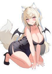 Rule 34 | 1girl, absurdres, alternate costume, animal ear fluff, animal ears, bat wings, black choker, black dress, black footwear, blonde hair, blue hair, blue nails, blush, breasts, choker, cleavage, dog ears, dog girl, dog tail, dress, fangs, fuwawa abyssgard, heart o-ring, high heels, highres, hololive, hololive english, large breasts, long hair, looking at viewer, multicolored hair, nail polish, o-ring, o-ring choker, pink eyes, sasaki ikuya, skin fangs, smile, solo, streaked hair, tail, tongue, tongue out, two side up, virtual youtuber, white background, wings
