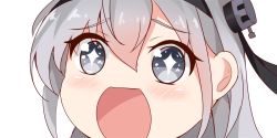 Rule 34 | + +, 1girl, close-up, grey eyes, hair ornament, headband, kantai collection, long hair, looking at viewer, nahaki, no nose, one side up, open mouth, portrait, silver hair, simple background, solo, sparkling eyes, suzutsuki (kancolle), symbol-shaped pupils, white background
