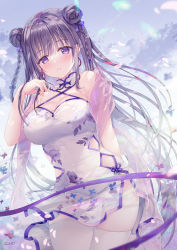 Rule 34 | 1girl, bad id, bad pixiv id, blush, braid, breasts, china dress, chinese clothes, commentary request, cowboy shot, criss-cross halter, double bun, dress, earrings, floral print, hair bun, hair ribbon, halterneck, hand up, highres, holding, holding own hair, jewelry, large breasts, long hair, looking at viewer, original, parted lips, print dress, purple eyes, purple hair, purple ribbon, ribbon, signature, solo, sousouman, standing, thighhighs, white dress, white thighhighs
