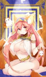 Rule 34 | &lt;o&gt; &lt;o&gt;, 1girl, alternate costume, animal ear fluff, animal ears, breasts, cosplay, cui pi cha tu, earrings, egyptian clothes, fang, fate/grand order, fate (series), fox ears, fox girl, fox tail, highres, hoop earrings, jewelry, large breasts, medjed (fate), multiple tails, navel, nitocris (fate) (cosplay), nitocris (fate), pink hair, sitting, solo, tail, tamamo (fate), tamamo no mae (fate/extra), underboob, yellow eyes