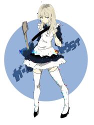 Rule 34 | 1girl, apron, black dress, black footwear, blue background, closed mouth, dress, electric guitar, girls band cry, grey eyes, guitar, high heels, holding, holding guitar, holding instrument, instrument, kawaragi momoka, light brown hair, long hair, looking at viewer, maid, maid apron, multicolored hair, roots (hair), segawithcapcom, solo, thighhighs, two-tone background, white apron, white background, white thighhighs