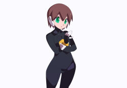 Rule 34 | 1girl, aile (mega man zx), black bodysuit, blue footwear, bodysuit, breasts, brown hair, collarbone, commentary request, green eyes, jacket, kaidou zx, mega man (series), mega man zx, robot ears, short hair, simple background, small breasts, white background