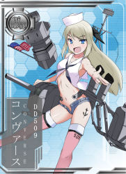 Rule 34 | &gt;:d, 10s, 1girl, :d, aegis (nerocc), american flag, anchor symbol, anchor tattoo, armpits, bare shoulders, blonde hair, blue background, blue eyes, blush, breasts, card (medium), card parody, character name, clothes writing, denim, denim shorts, dixie cup hat, finger gun, from side, gradient background, groin, hat, honeycomb (pattern), honeycomb background, honeycomb pattern, kantai collection, legs apart, long hair, looking at viewer, machinery, md5 mismatch, mecha musume, midriff, military hat, navel, neckerchief, no panties, open clothes, open fly, open mouth, open shirt, original, outstretched arm, pink thighhighs, resolution mismatch, sailor collar, shiny skin, shirt, short shorts, shorts, silver hair, skindentation, sleeveless, sleeveless shirt, small breasts, smile, solo, source smaller, striped, striped background, swept bangs, tattoo, thighhighs, toned, transparent, unbuttoned, united states, unzipped, uss converse (kancolle), v-shaped eyebrows
