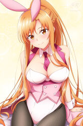 Rule 34 | 1girl, alternate costume, animal ears, asuna (sao), bare shoulders, blush, bow, bowtie, braid, breasts, cleavage, closed mouth, commentary, commentary request, covered navel, cowboy shot, detached collar, fake animal ears, fishnet pantyhose, fishnets, french braid, hair between eyes, highres, ken-ji, large breasts, leotard, long hair, looking at viewer, necktie, orange eyes, orange hair, pantyhose, pink leotard, pink necktie, playboy bunny, ponytail, rabbit ears, sidelocks, sitting, smile, solo, strapless, strapless leotard, sword art online, watermark, white leotard, wing collar, wrist cuffs, yellow background