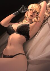 Rule 34 | 1girl, absurdres, adjusting eyewear, alma armas, arm behind head, armpits, bare arms, bare shoulders, black background, black bra, black panties, blonde hair, bra, breasts, breasts apart, collarbone, commentary, english commentary, glasses, highres, knee up, lace, lace-trimmed bra, lace-trimmed panties, lace trim, large breasts, limart, lingerie, lips, long hair, looking at viewer, lying, mechanical hands, navel, on back, on bed, panties, parted lips, prosthesis, prosthetic hand, red-framed eyewear, red lips, simple background, solo, swept bangs, underwear, underwear only, va-11 hall-a, yellow eyes