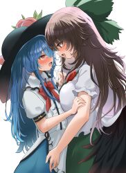Rule 34 | 2girls, after kiss, bird wings, black headwear, blue skirt, blush, bow, breasts, brown hair, cape, collared shirt, eye contact, flat chest, food, fruit, green bow, green skirt, hair bow, hand on another&#039;s arm, hand on another&#039;s leg, hat, height difference, highres, hinanawi tenshi, large breasts, leaf, long hair, looking at another, mikan (manmarumikan), multiple girls, open mouth, peach, peach hat ornament, puffy short sleeves, puffy sleeves, red bow, red eyes, reiuji utsuho, saliva, saliva trail, shirt, short sleeves, skirt, standing, sweat, third eye, tongue, tongue out, touhou, white background, white cape, white shirt, wings, yuri