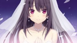 Rule 34 | 1girl, ao no kanata no four rhythm, breasts, bridal veil, brown hair, cleavage, closed mouth, collarbone, earrings, floating hair, game cg, hair between eyes, hair ornament, jewelry, large breasts, long hair, looking at viewer, necklace, purple background, purple sky, red eyes, sky, smile, solo, strapless, suzumori, tobisawa misaki, upper body, veil, x hair ornament
