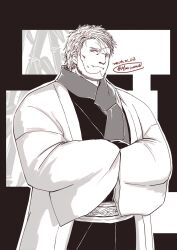 Rule 34 | 1boy, alternate costume, bara, beard, cowboy shot, cross scar, crossed arms, facial hair, fangs, full beard, greyscale, hands in opposite sleeves, haori, highres, japanese clothes, kimono, kresnik (housamo), large pectorals, long hair, looking at viewer, low ponytail, male focus, mario (mariwoaa), mature male, monochrome, muscular, muscular male, pectorals, scar, scar on face, scar on forehead, scarf, smile, solo, thick beard, thick eyebrows, tokyo houkago summoners, wide sleeves