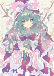 Rule 34 | 1girl, blush, bow, closed mouth, commentary request, dress, flower, flower-shaped pupils, frilled bow, frilled ribbon, frills, green eyes, green hair, hair bow, highres, index finger raised, kagiyama hina, long hair, long sleeves, looking at viewer, nikorashi-ka, pink flower, pink ribbon, red bow, red dress, ribbon, solo, symbol-shaped pupils, touhou, upper body, white flower