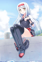 Rule 34 | 10s, 1girl, black legwear, blush, boots, hairband, japanese clothes, kantai collection, long hair, looking at viewer, muneate, mutenka, nontraditional miko, pleated skirt, shoukaku (kancolle), silver hair, skirt, smile, solo