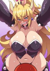 Rule 34 | 1boy, 1girl, :d, armpits, black hair, black thighhighs, blonde hair, blue eyes, blush, bowsette, breasts, cleavage, collar, curvy, elbow gloves, gloves, gradient background, hair between eyes, hat, highres, horns, huge breasts, konno tohiro, long hair, mario, mario (series), naughty face, navel, new super mario bros. u deluxe, nintendo, open mouth, ponytail, sailor collar, sharp teeth, smile, spiked collar, spikes, super crown, sweat, sweatdrop, teeth, thick thighs, thighhighs, thighs, thong, very long hair, wide hips