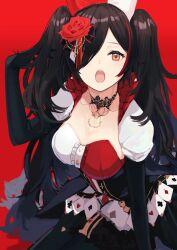 Rule 34 | 1girl, absurdres, black dress, black hair, black skirt, black sleeves, blush, breasts, card, cleavage, corset, dress, flower, hair flower, hair ornament, hair over one eye, highres, hololive, large breasts, long hair, long sleeves, looking at viewer, multicolored hair, ogura tubuan, ookami mio, ookami mio (wonderland), open mouth, red hair, simple background, skirt, twintails, two-tone dress, very long hair, virtual youtuber, white dress, wolf girl, yellow eyes