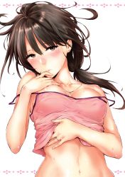 Rule 34 | 1girl, absurdres, blush, breasts, brown eyes, brown hair, camisole, camisole lift, clothes lift, collarbone, earrings, highres, jewelry, lifting own clothes, long hair, looking at viewer, low ponytail, medium breasts, napata, necklace, original, parted lips, pink lips, ring, shiny skin, sidelocks, solo, strap slip, stud earrings, tareme, upper body, wedding band, wet